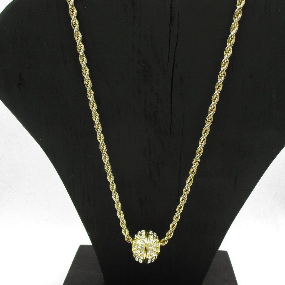 𝅺14 KGP Vintage  28" Gold Tone Twisted Necklace With Rhinestone Ball